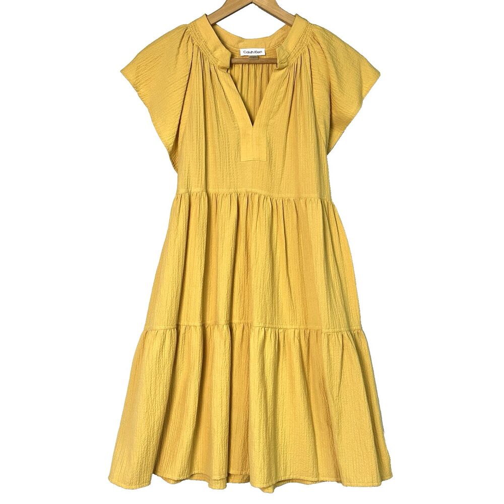 NWT Calvin Klein Gauze Split Neck Tiered Swing Dress - Yellow Size‎ 8 Rayon